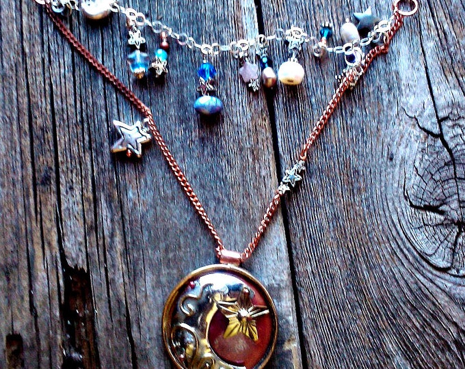 Moon Star Necklace, copper and brass movable pendant
