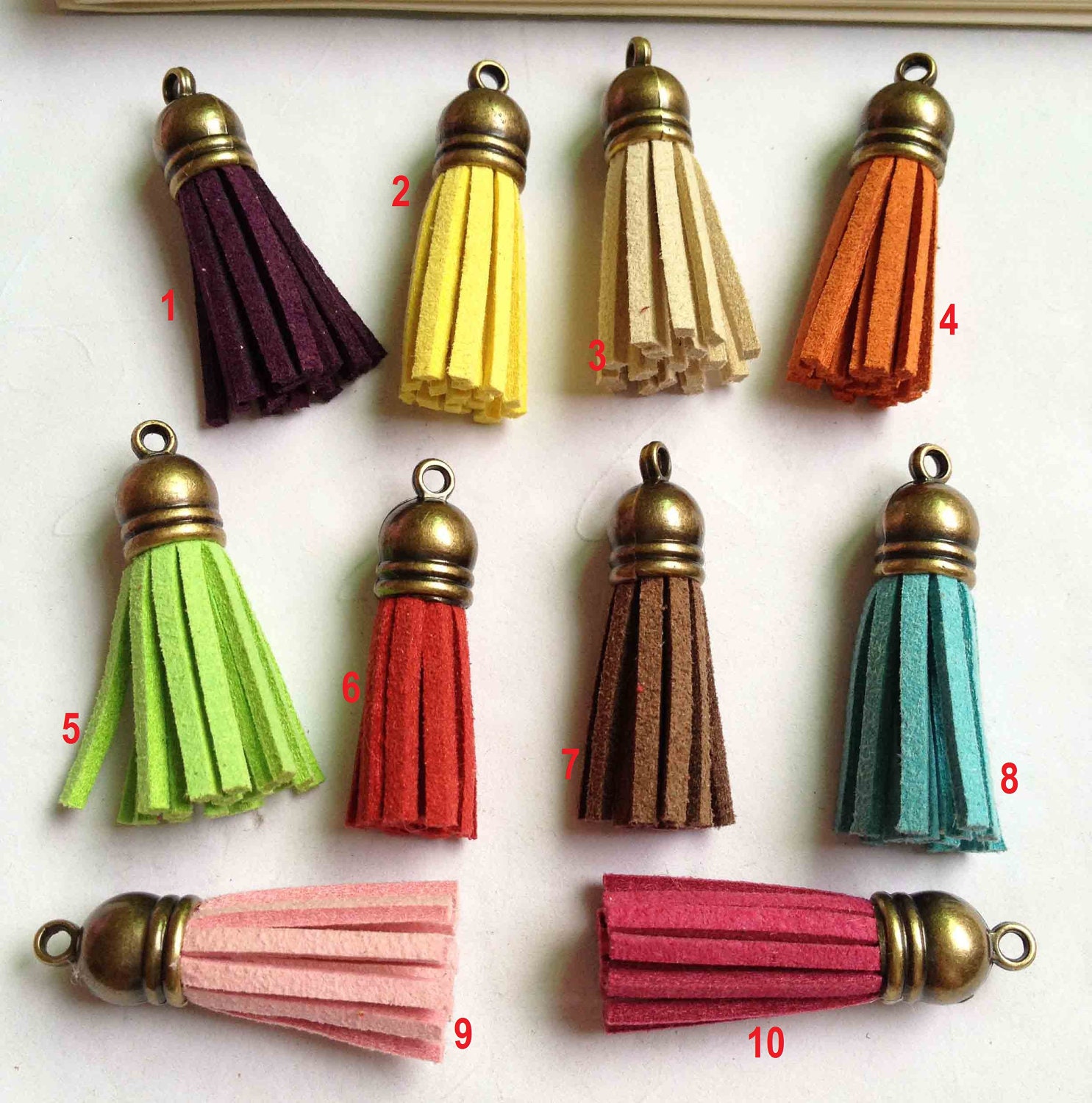 10pcs of Mix Colors Leather Tassel with Antique Bronze Caps