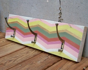 Reclaimed Wood Chevron Coat Rack with Brass Hooks