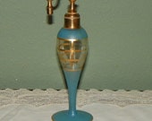 Vintage Perfume 1920's Atomizer art deco Eua De Parfum Bottle powder Blue Glass gold gilt trim