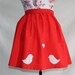 Handmade red high-waisted skirt with white love birds and gingham pockets size UK12 waist 32"