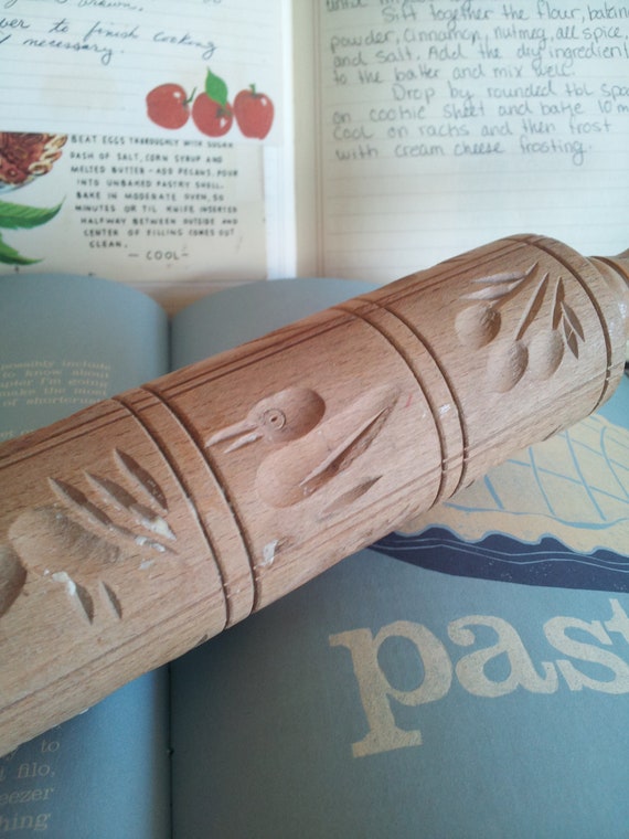 Vintage Rolling Pin Carved Wooden Springerle Pastry Cookie