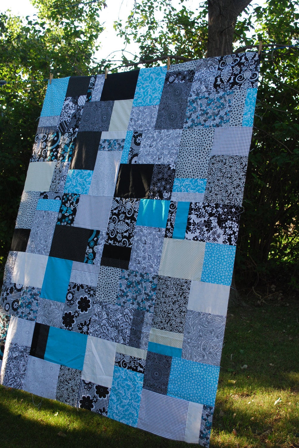 Twin Bed Quilt Large Lap Quilt Black White and by