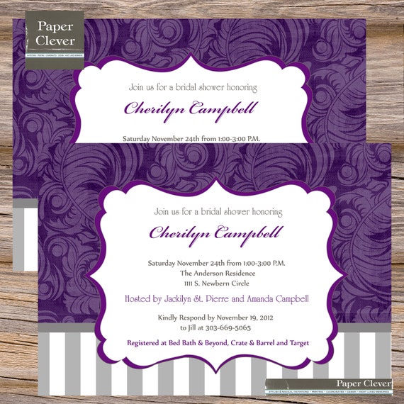Modern Bridal shower invitation, purple, gray, paris - digital file, printable #206 Il_570xn