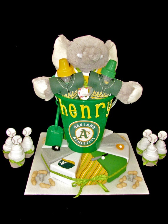 Onesie Cake, Oakland A's theme Baby Shower Gift with Sock Cupcakes