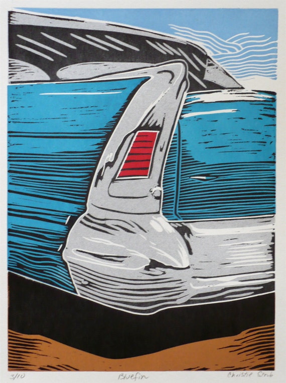 Bluefin Linoleum Print/Linocut of a vintage car
