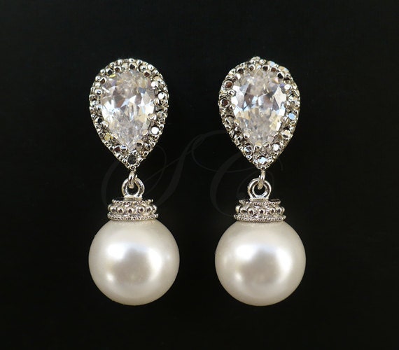 Bridal pearl earrings - Crystal White Swarovski pearls, cubic zirconia ...