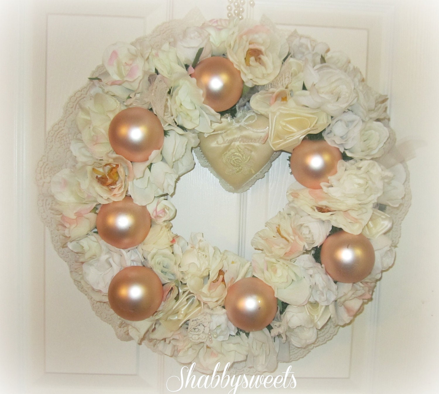 Beautiful Pink White Shabby Wedding Romantic Christmas Rose Lace Wreath