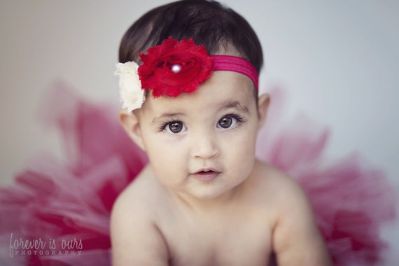 Large Red shabby flower with mini cream shabby flower on red elastic headband/ Newborn headband - il_570xN.386594758_lb7x