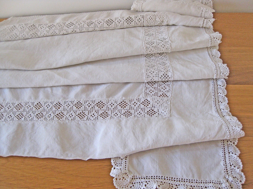 Shelf trim antique French linen with hand worked insert and