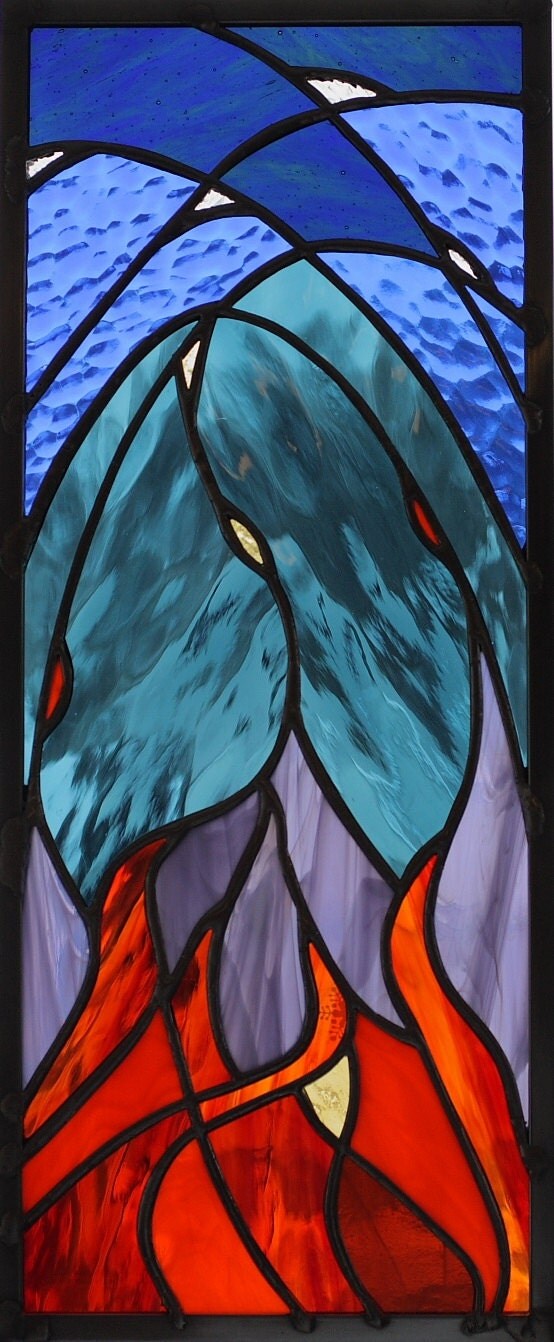 Stained glass art panel of campfire and starry sky