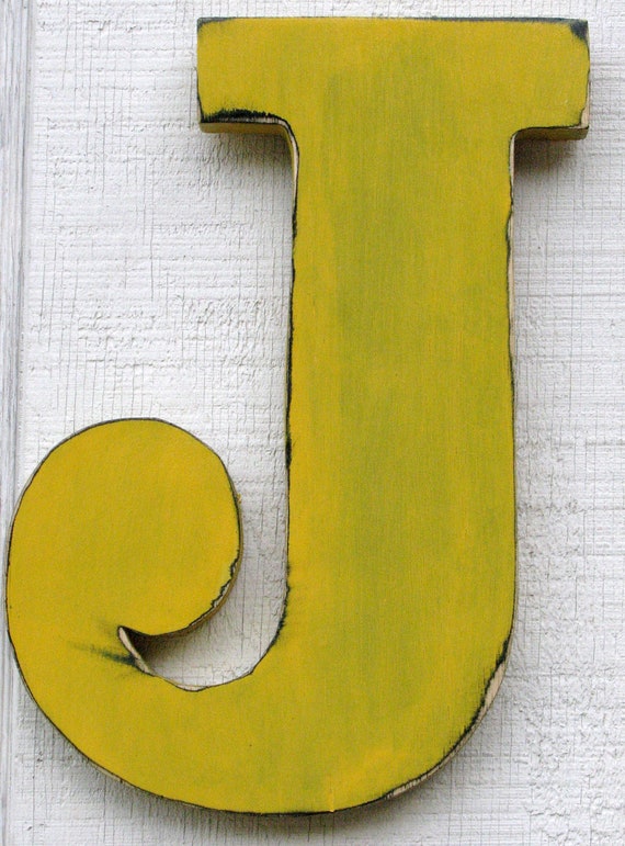 Baby Nursery Wooden Letter J Distressed Painted golden