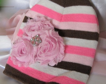 Pink Brown and White Striped Baby Beanie with Three Pink Satin Flowers and Pink Accent Fits up to Six Months