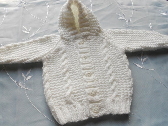 Baby boy sweater with hood in white hand knit by BabycraftCindy