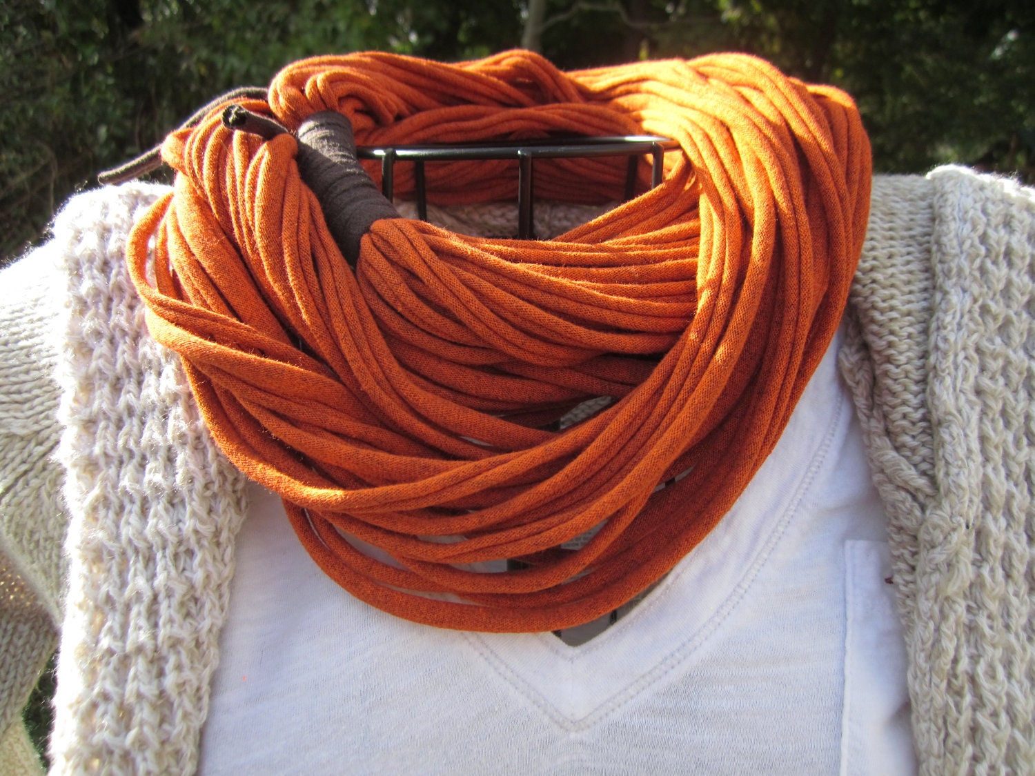 Upcycled BURNT ORANGE t-shirt infinity scarf with brown accent