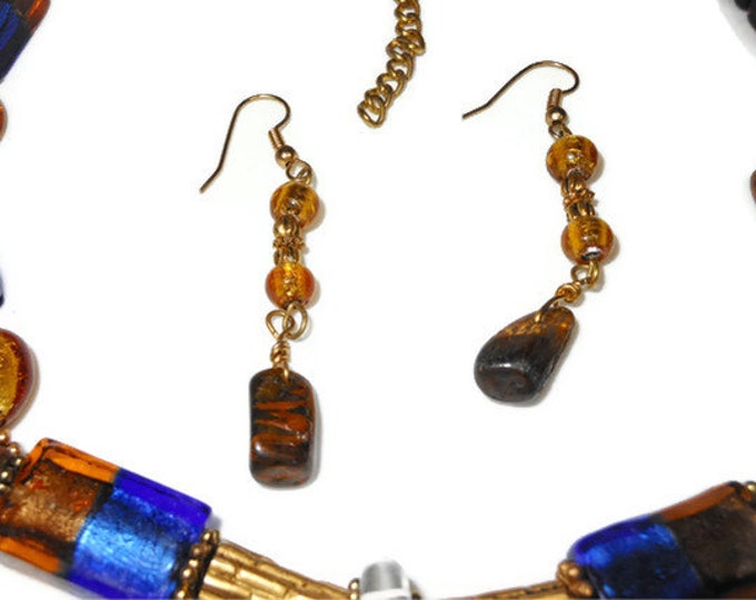 FREE SHIPPING Handmade Murano necklace, Murano Cobalt & Copper Foil Leaf Pendant and dangle earrings w/ Hawaiian Tiger's eye statement piece