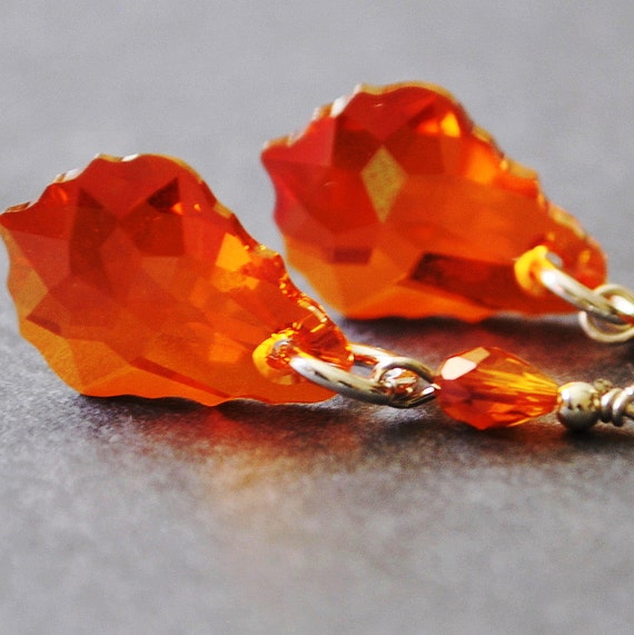 Swarovski Crystal Drop Earrings Red Orange Earrings Crystal