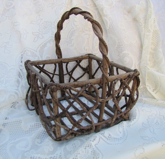 Antique Hand Woven Grapevine Basket Large with Handle