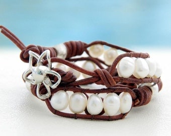 Waikiki... Leather wrap bracelet... Beaded Double Wrap Bracelet. Original OceanBead Style.