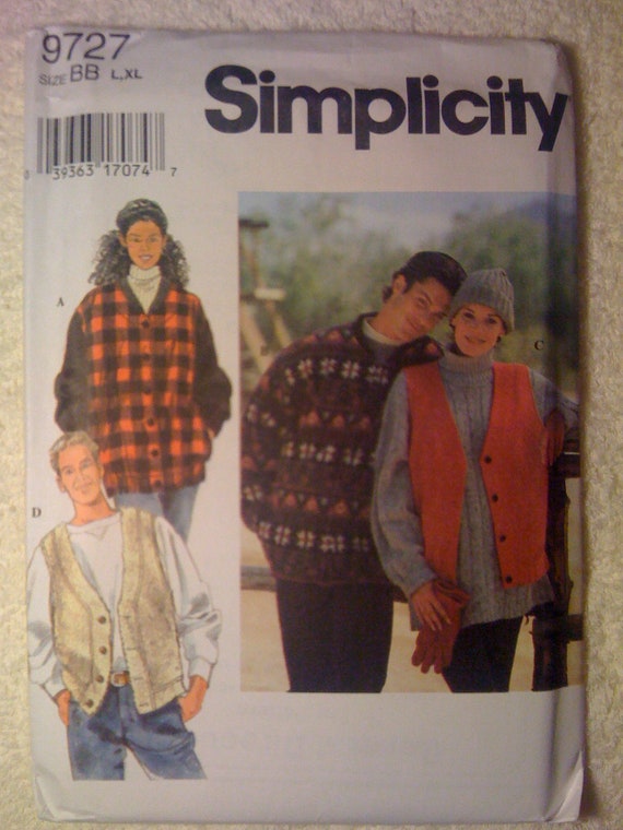 Simplicity 90s Sewing Pattern 9727 Misses, Mens and Teens Jacket and Vest Size 42 - 48 UNCUT Sale