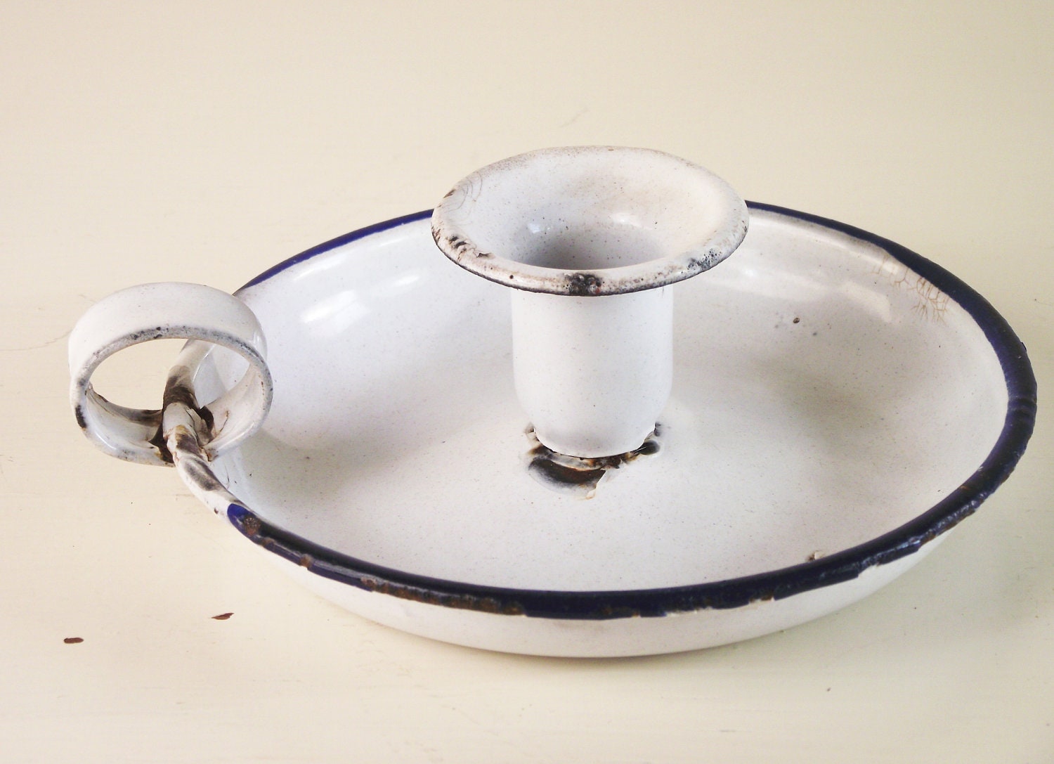 Vintage French Enamelware. White Enamel Candlestick Holder.
