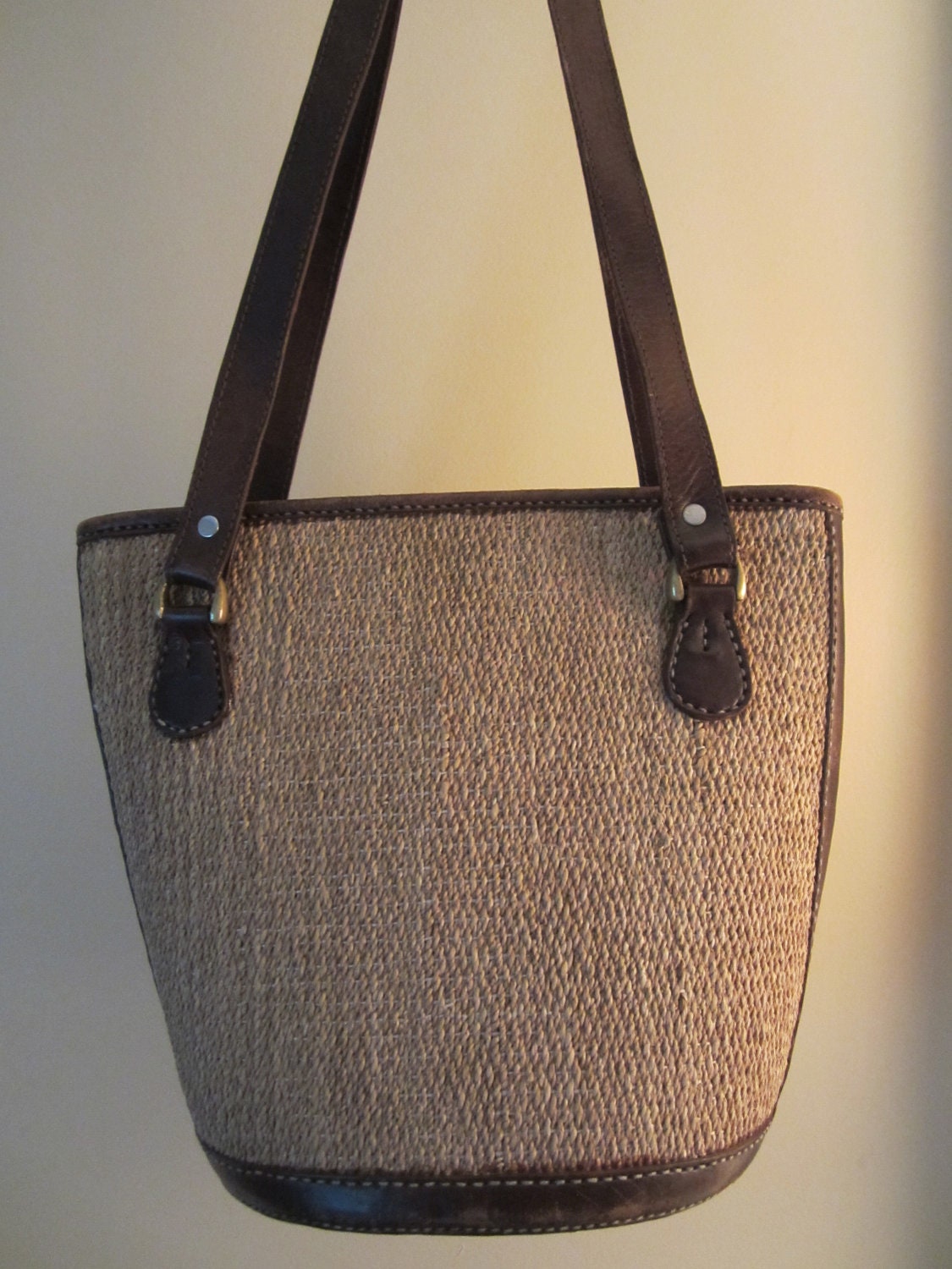 Vintage Ethnic Straw Bag with Leather Trim by handknitpalette