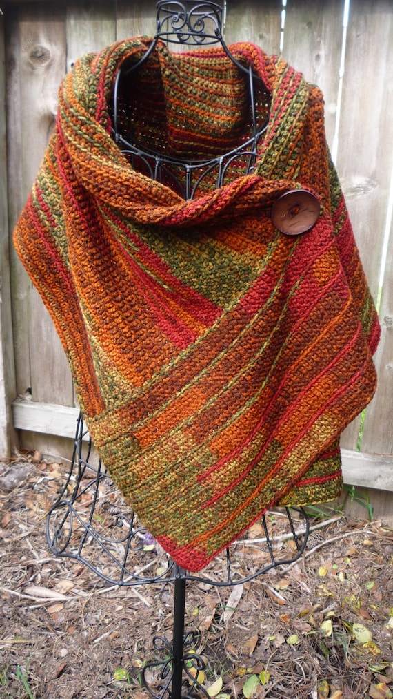 Crocheted Buttoned Wrap in Autumn Colors