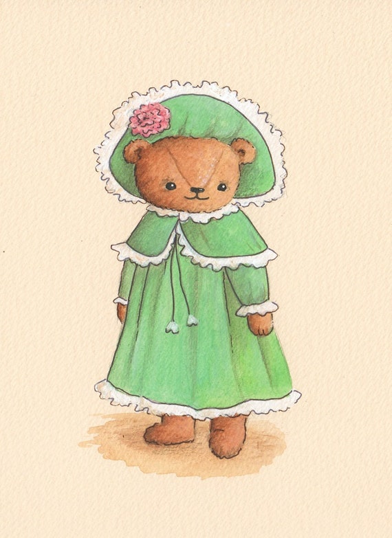 Elizabeth Teddy Bear  print from an original watercolor illustration by Irene Owens