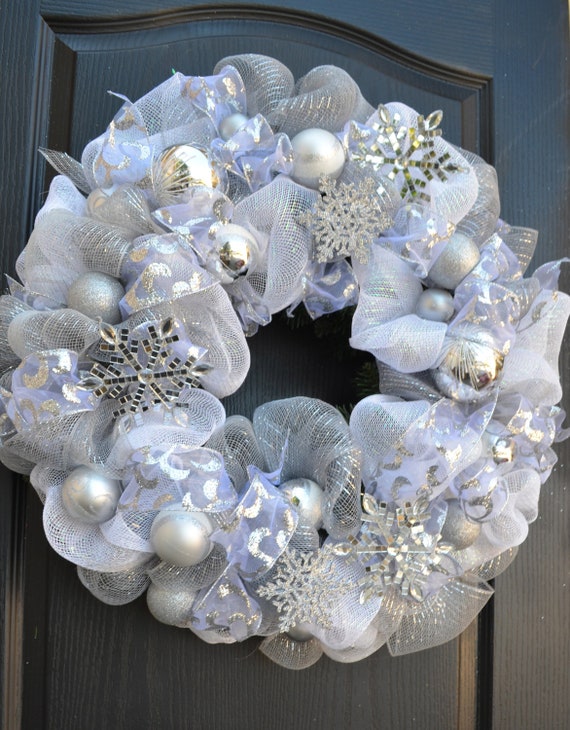 Deco mesh White Snowflake wreath Silver and White tones.