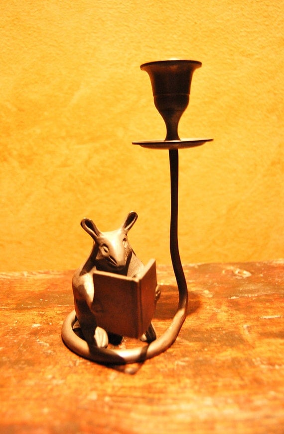 Brass Metal Heavy Cute Mouse Reading Book Candle Holder