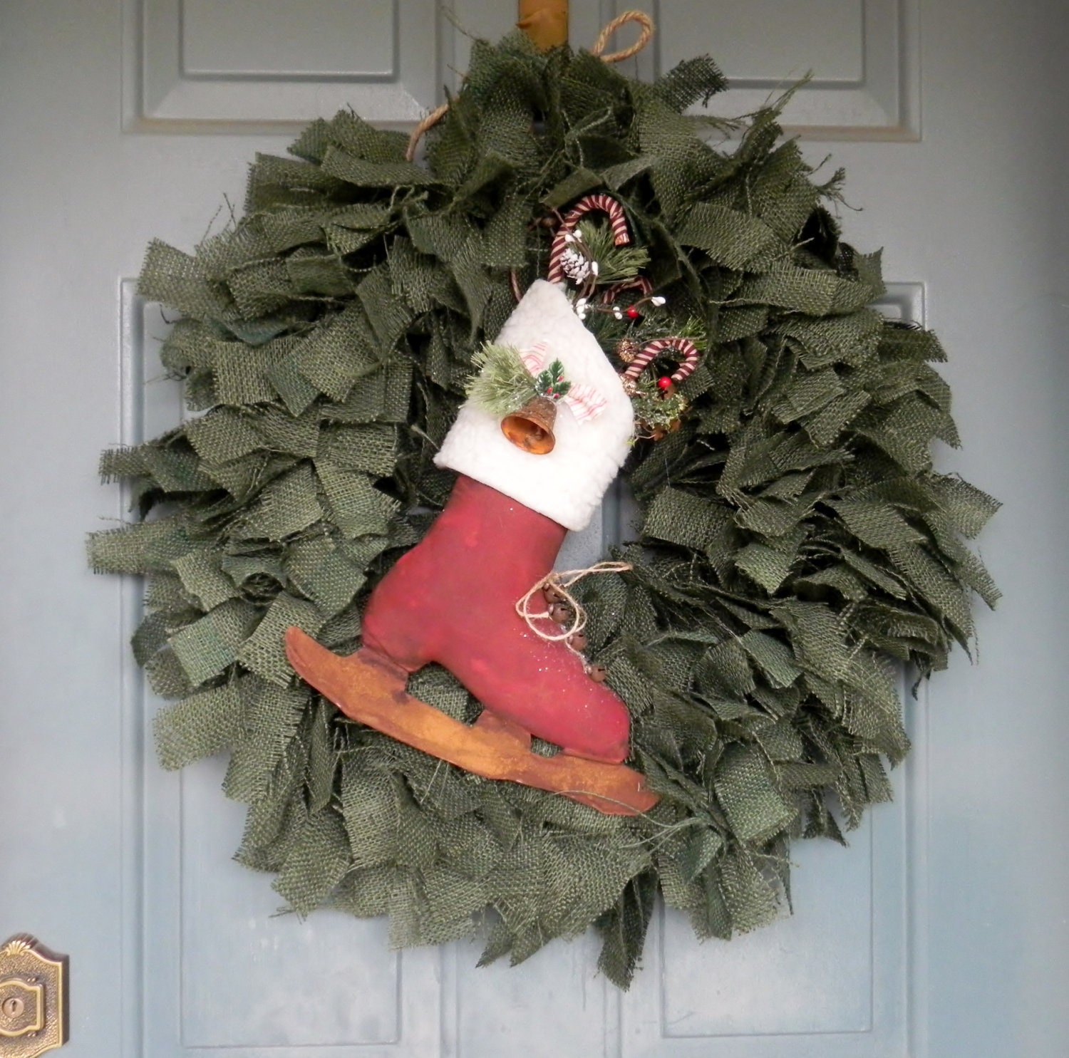 Burlap Christmas Wreath with Large Ice Skate on Hunter Green - Perfect for a Rustic Christmas