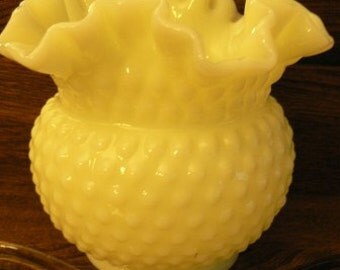 vintage Fenton art glass - Large Lime SATIN HobNail RUFFLED VASE Milk Glass ..