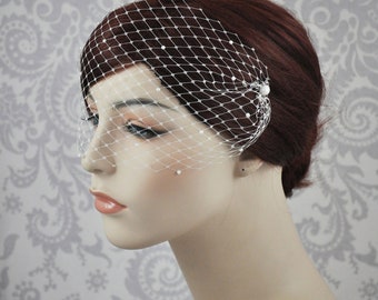 Pearl Bandeau Veil, Pearl Birdcage Veil, Blusher Veil with Tiny Pearls on French Netting, Vintage Style Birdcage Veil, Rhinestone - 122BC