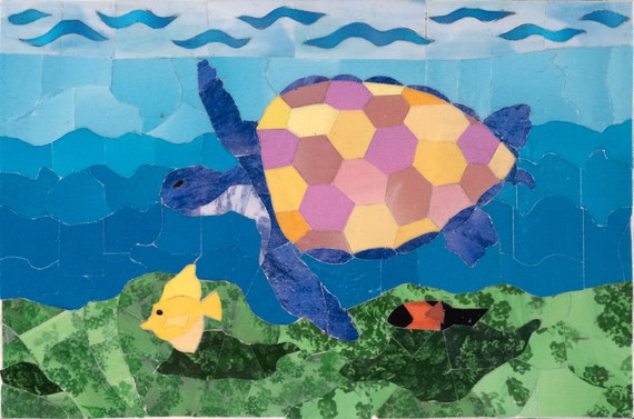 Underwater Turtle Print of Paper Mosaic Art by BradsMosaics