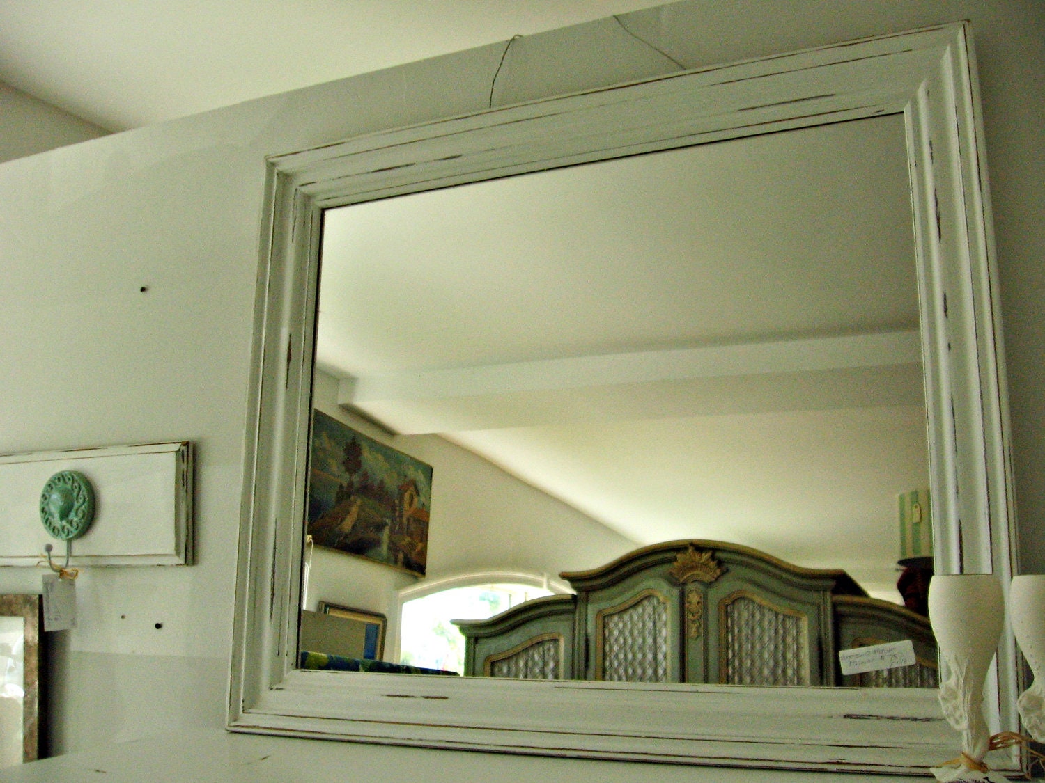 White Distressed Crown Molding Mirror