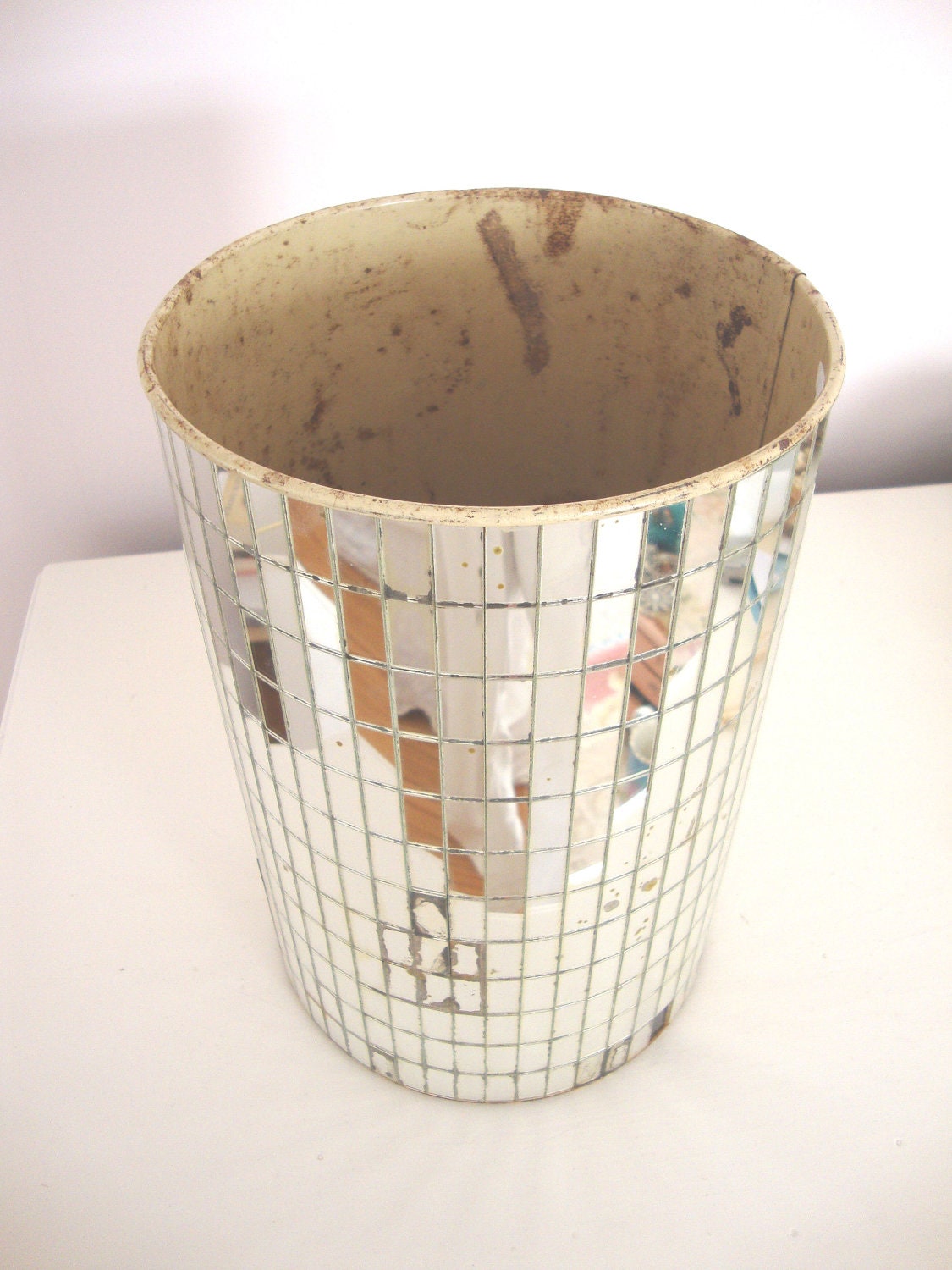 VINTAGE MIRRORED WASTEBASKETMirror Trash Can Mid Century