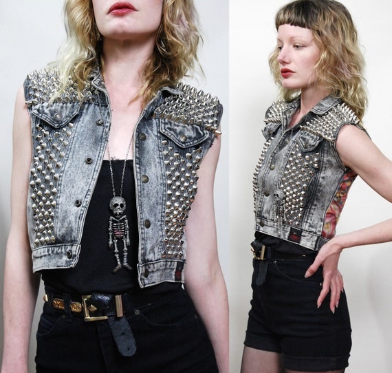 Vintage STUDDED Denim Jacket Vest Patches LEOPARD VELVET