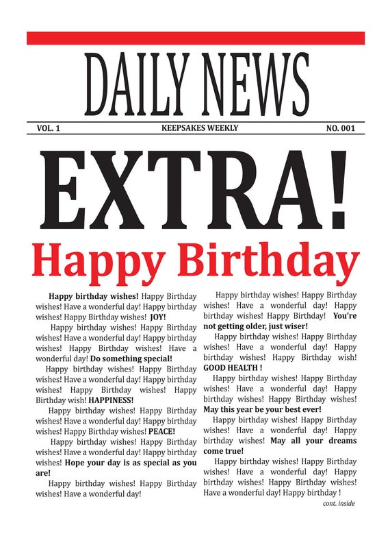 Items similar to Newspaper Card, Birthday Wishes Card, News Print