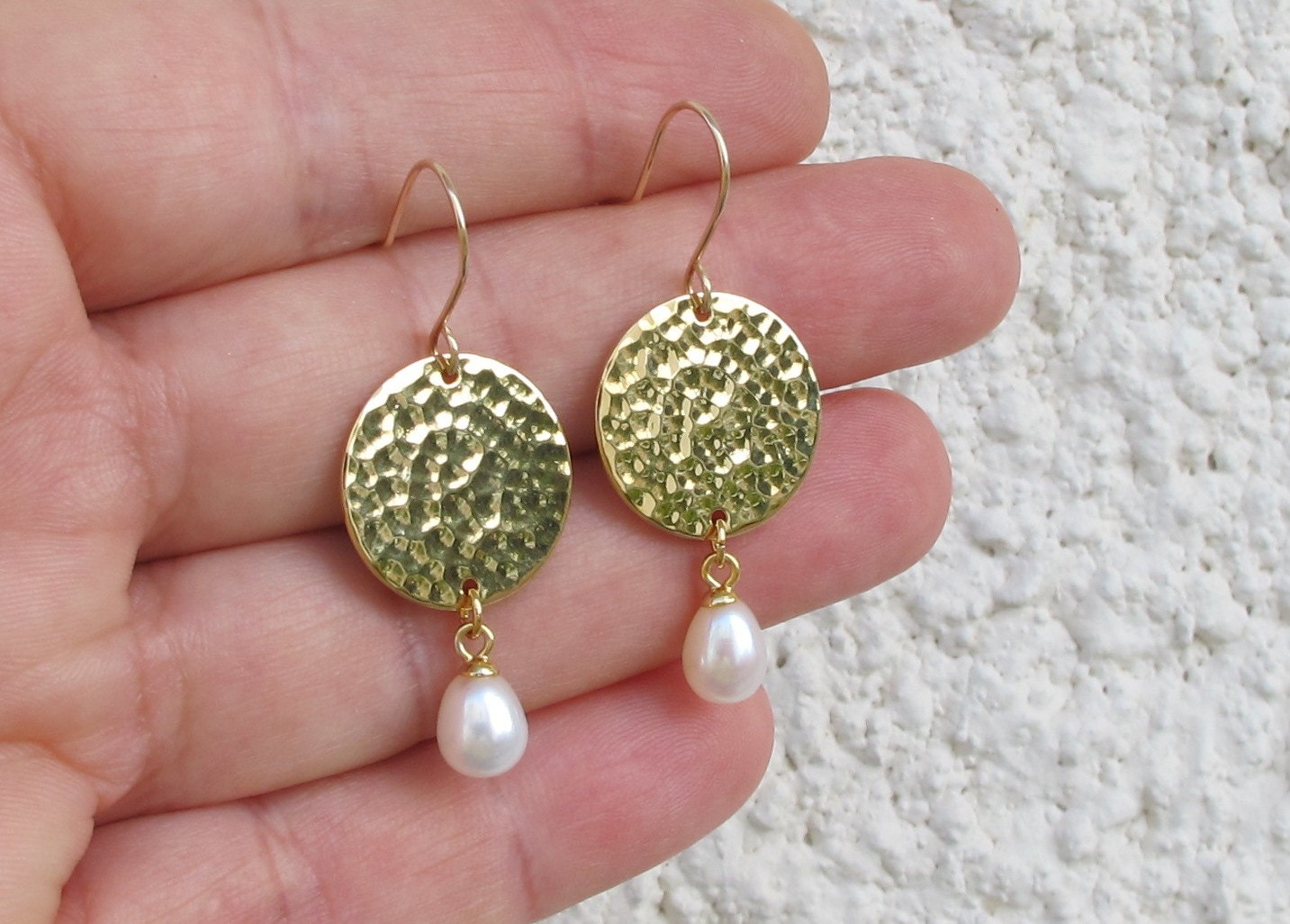 Dangle Pearl Earrings gold disc earrings with by OliveliJewelry item-thumbnail