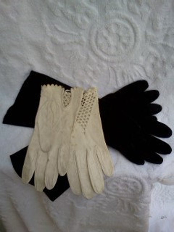 Womens Vintage Kid Leather Gloves White Cut Outs Goth black