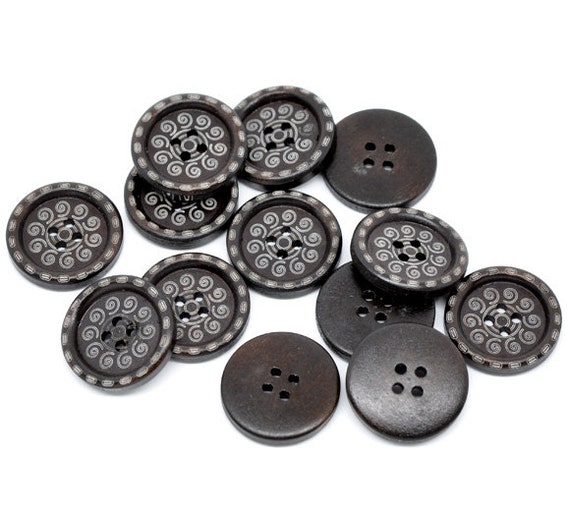 6 Dark Brown Wooden Buttons Swirl Design 25mm 1 inch