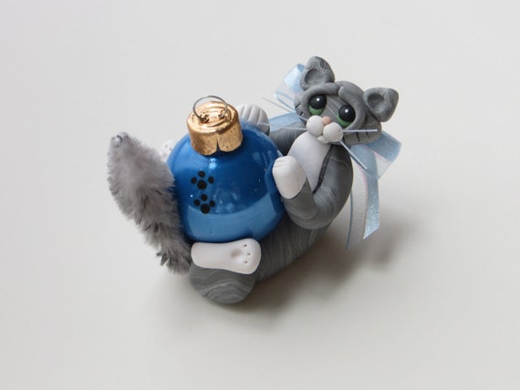 Christmas Ornament Gray Tabby Maine Coon Cat Polymer Clay