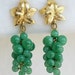 Vintage Green Jade or Glass Beaded Grape Cluster Gold Tone Leaf Clip On Earrings Dangle Dangling Hanging