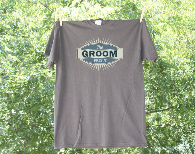 Set of 3 - Blue Emblem Groom, Best Man and Groomsman Shirts personalized with date