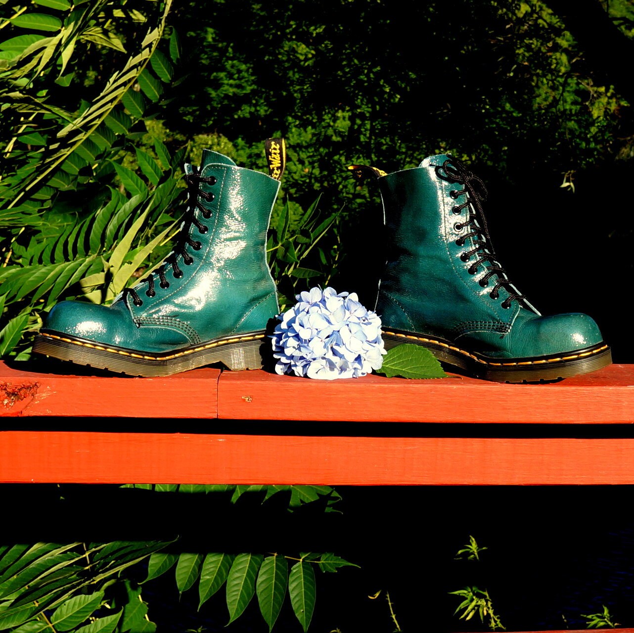 green patent boots