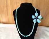 Blue Beaded Necklace with Blue Vintage Flower by CJW