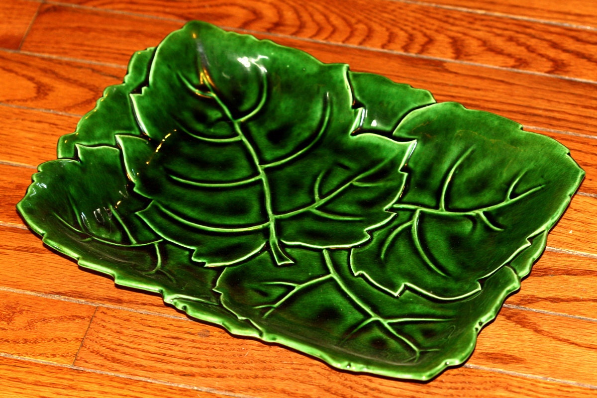 Valley Vista Pottery Green Majolica Leaf Platter by 