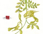 GREEN WEDDING BIRDS, Chinese Paper cut, Love Birds, Flowers Watercolor print - 8" x 10" Print