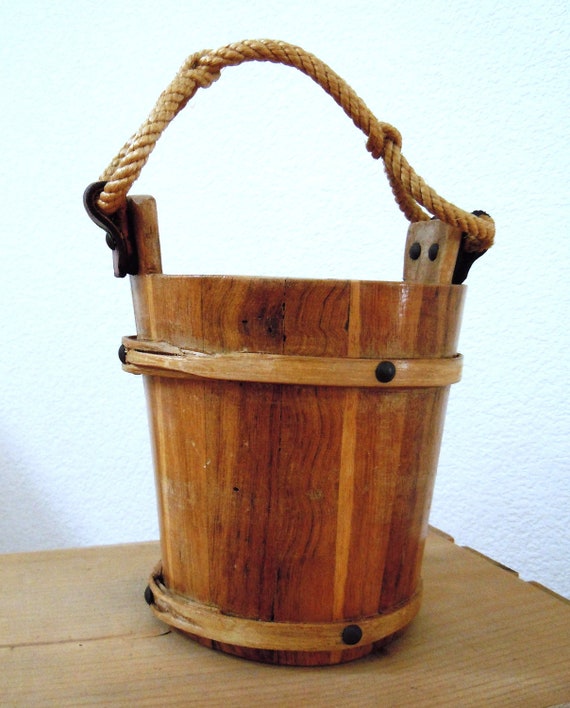 Vintage FirkinStyle Wooden Bucket with Leather and Rope