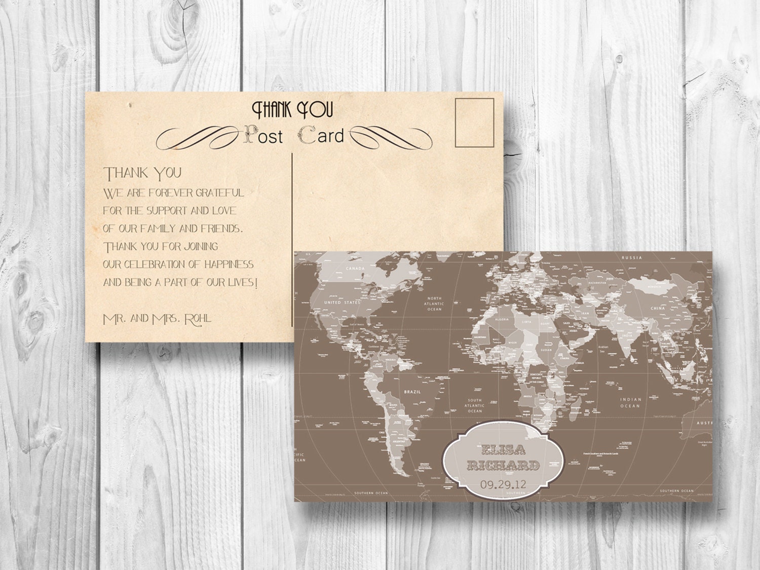Retro Thank You Postcard World Map Wedding Thank You Card